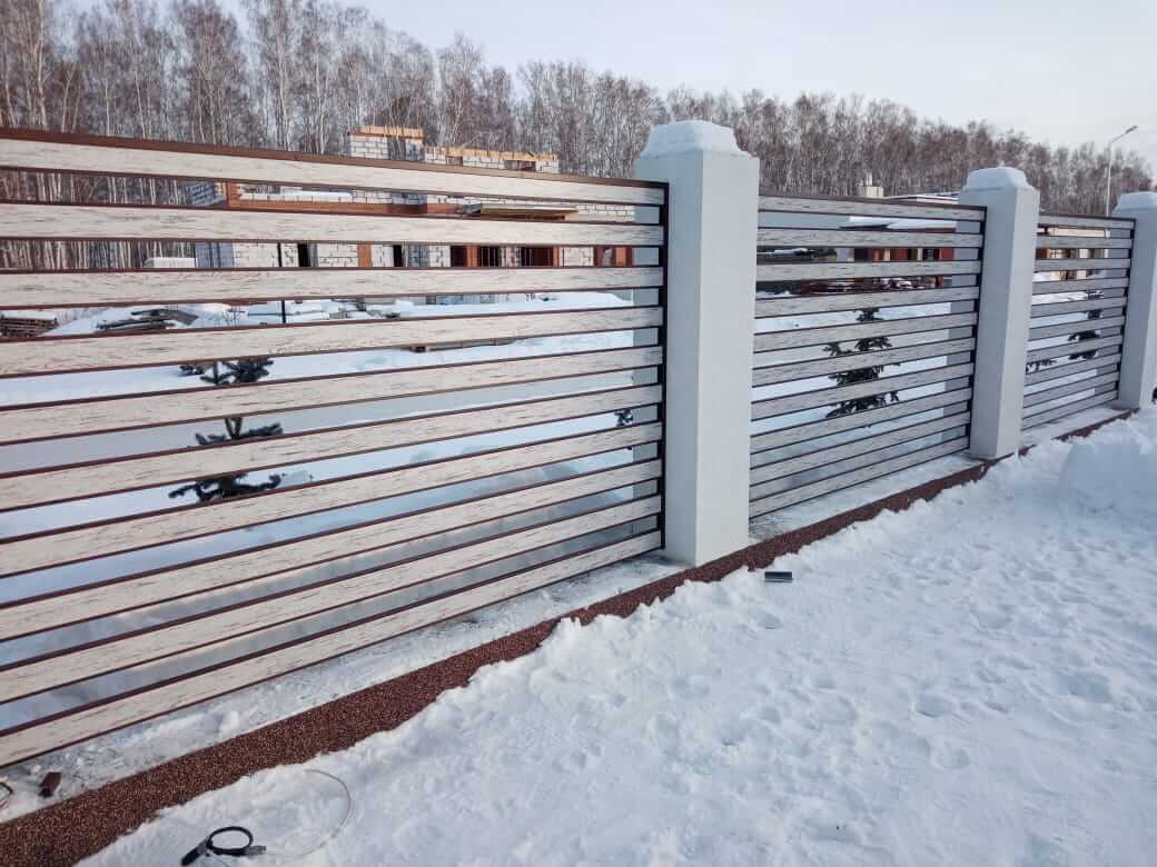 забор-ранчо из металлопланкена 130м каштан красный + беленый дуб фото4 в Калуге